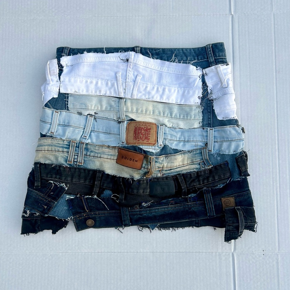 Strap Denim Skirt Custom Made Patchwork Upcycle Sustainable Wearable Art - Picture 3 of 3